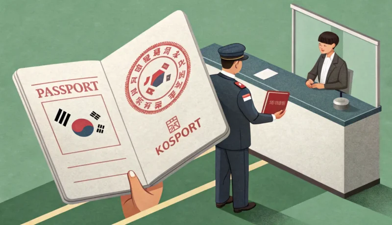 Passing Immigration at a Korean Airport Illustration of a passport being stamped at a Korean airport immigration desk, representing the proc...