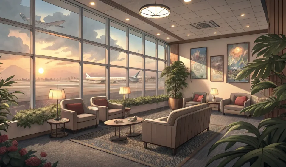 How to Use an Airport Lounge in Korean Interior view of a comfortable airport lounge with armchairs facing windows overlooking airplanes on...