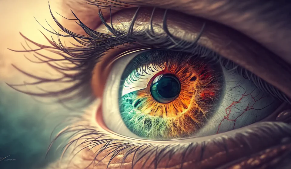 How to Say Amblyopia in Korean Illustration of a human eye, partially blurred symbolizing amblyopia (약시), set against a soft-focus...