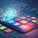 How to Request Internet Speed Improvement in Korean Stylized illustration depicting glowing app icons and digital code lines overlaid on a modern Seoul...