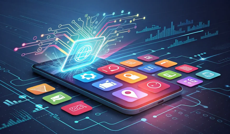 How to Say App Development Business in Korean Stylized illustration depicting glowing app icons and digital code lines overlaid on a modern Seoul...