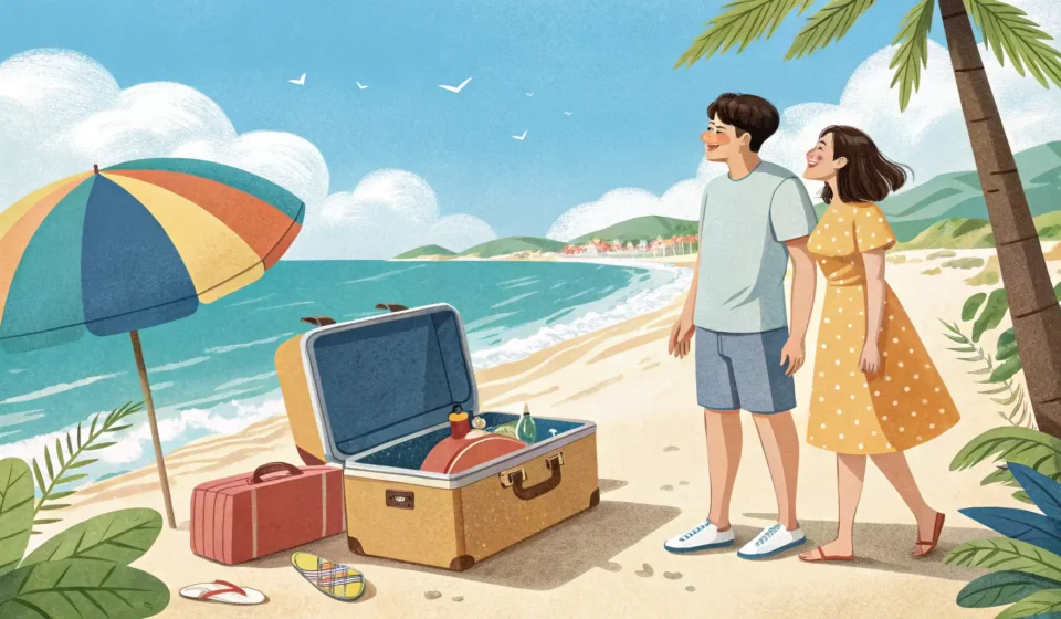 Korean Phrases for Arguing About Forgetting Sunscreen Illustration of a stressed couple with luggage on a Korean beach, symbolizing a Korean language less...