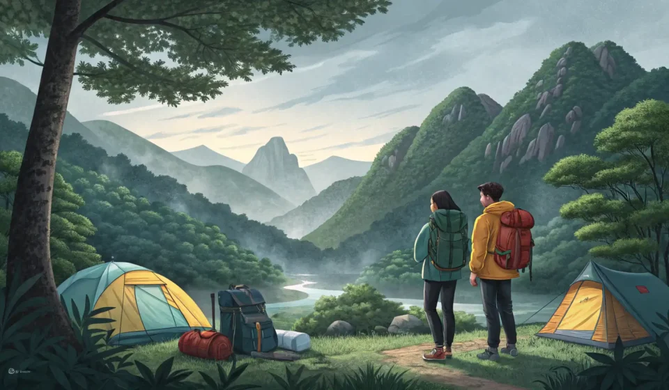 Korean Argument Phrases: The Camping Tent Incident Illustration of a couple at a Korean campsite looking confusedly at an empty spot where their tent s...