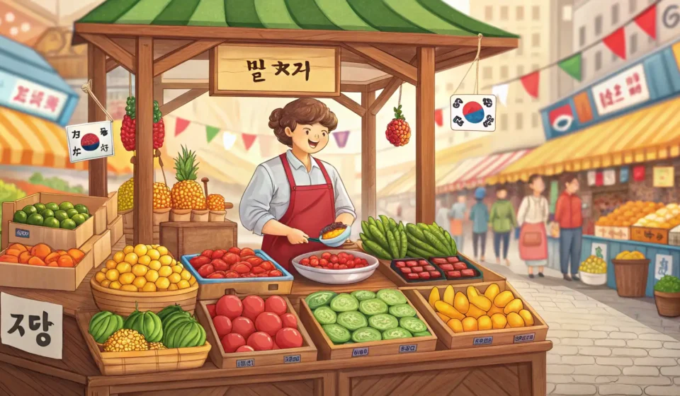 How to Ask for a Bulk Discount on Socks in Korean Illustration of a Korean market stall with stacks of colorful goods, representing asking for a bulk...