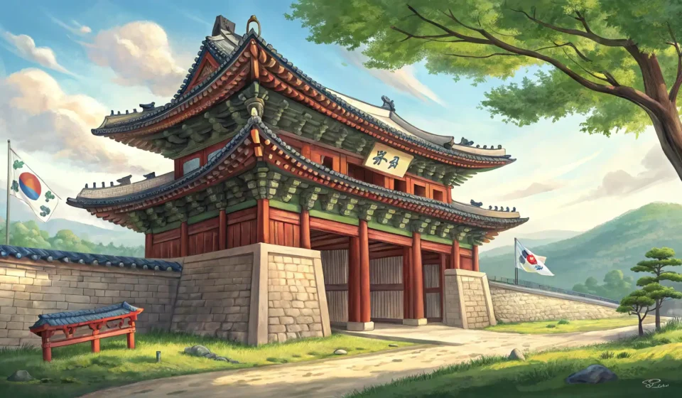 Asking About Hidden Castle Tunnels in Korean Illustration of a tourist asking a guide about a potential hidden passage at a traditional Korean ca...