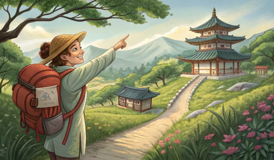 How to Ask About a Hidden Trail with a Meadow View in Korean Illustration of a tourist asking a Korean local for directions on a scenic path in Korea, symbolizin...