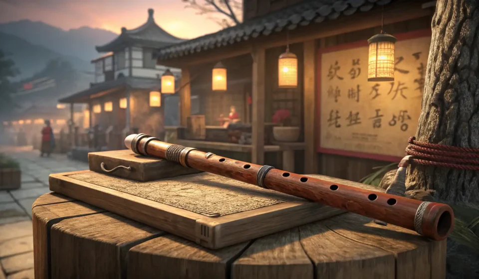 How to Ask About a Handmade Flute’s Wood Type in Korean (Tonight Only) Close-up of a handmade wooden Korean flute resting on a stall in a softly lit Korean night market se...