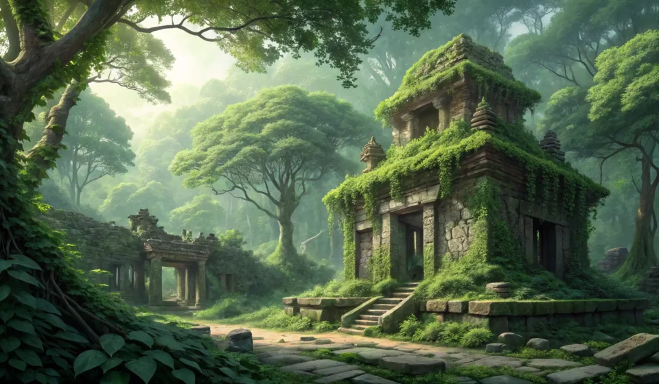 Asking About a Forgotten Temple in the Jungle in Korean Ancient Korean temple ruins overgrown with vines, partially hidden within a dense jungle setting, sy...