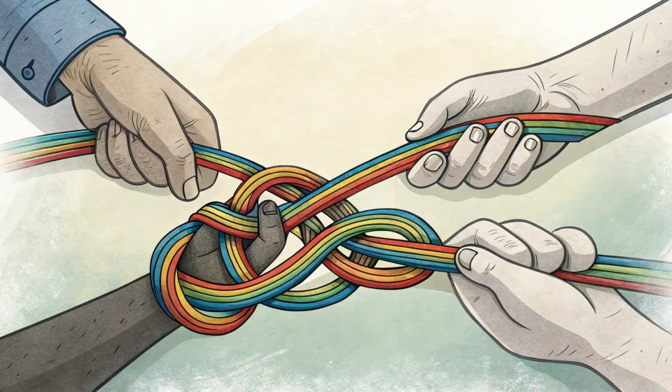 How to Ask a Friend for Help with a Coding Bug in Korean Illustration of two hands untangling a complex knot, symbolizing friends helping each other solve a...