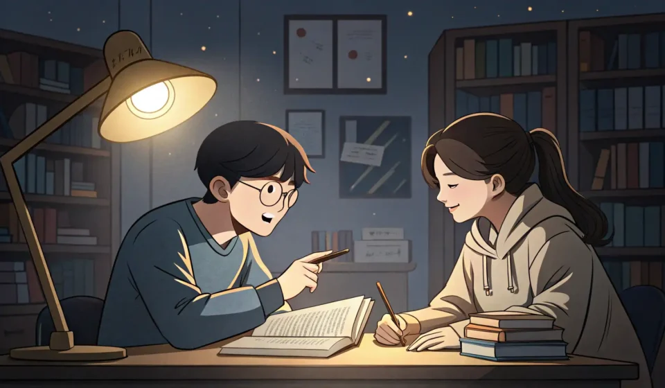 How to Ask a Friend for Help with a History Project Tonight in Korean Two Korean students studying together at night, one asking the other for help with a history project...
