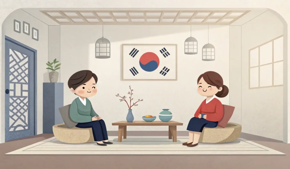 How to Ask for Help Assembling Furniture in Korean Illustration showing one person looking puzzled by unassembled furniture parts while another person...