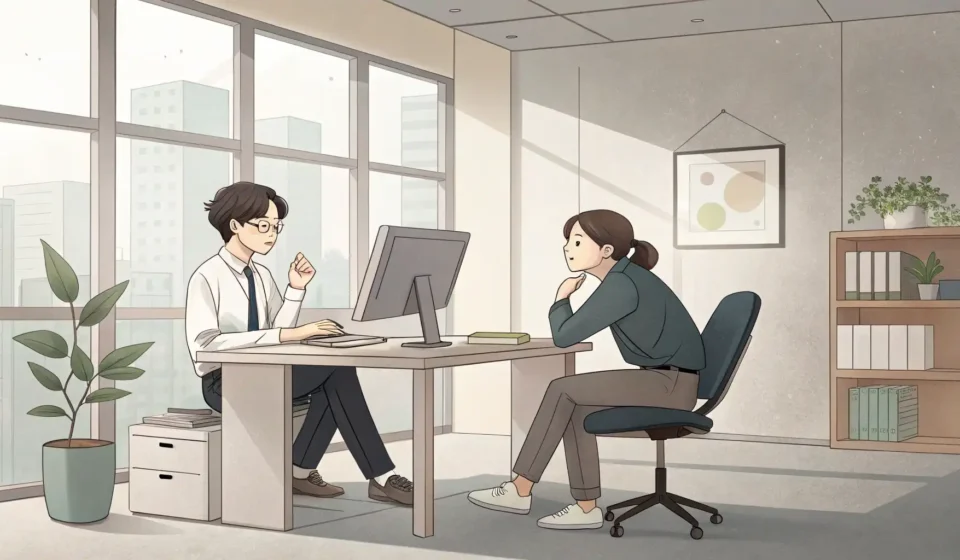 How to Ask a Teammate for Help with a Last-Minute Email Draft in Korean Two colleagues in a modern Korean office collaborating on an urgent email draft, symbolizing asking...
