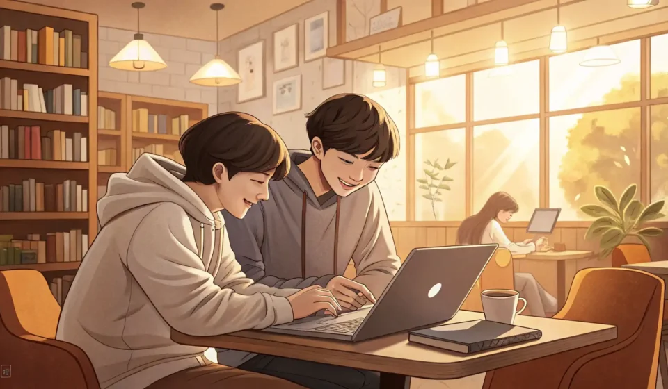 Asking a Friend for Help with a Presentation Slide in Korean Two Korean students working together on presentation slides on a laptop, illustrating asking a frien...