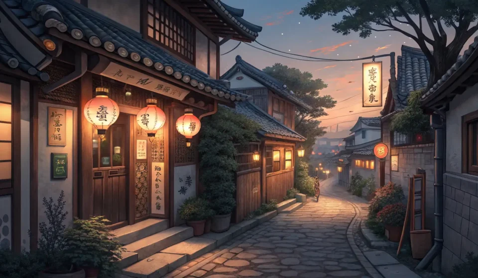 Finding Hidden Cafés with Live Music in Korea Stylized illustration of a hidden Korean cafe entrance in an alleyway at dusk, with warm light and m...