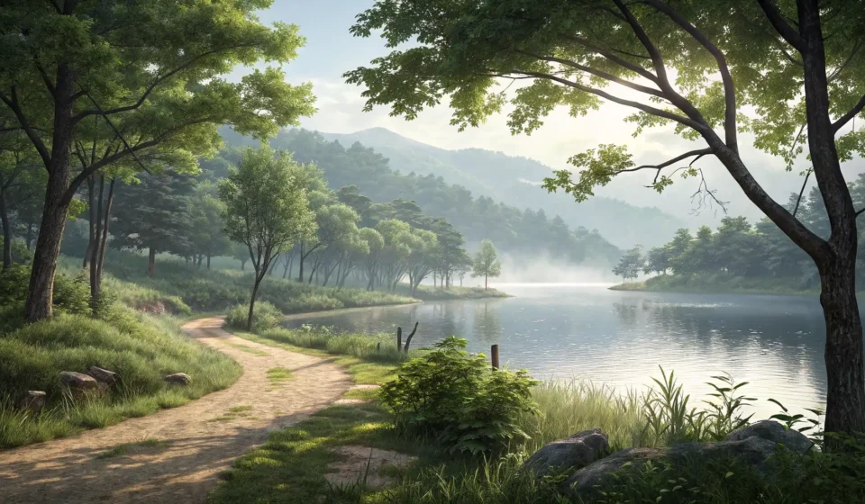 How to Ask About a Hidden Trail to a Quiet Lake Shore in Korean A view from a hidden forest trail opening onto a tranquil Korean lake shore surrounded by mountains,...