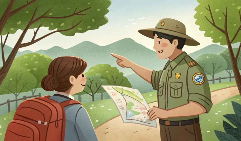 How to Ask About Trails with River Views in Korean A hiker consults a map with a Korean park ranger, seeking advice on trails, with a beautiful river a...