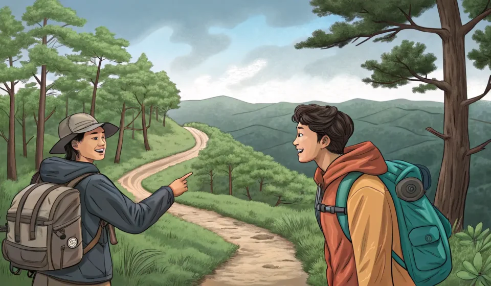 How to Ask for Hiking Tips to Avoid Steep Climbs in Korean Two hikers on a Korean mountain trail, one asking for directions and the other pointing towards an e...