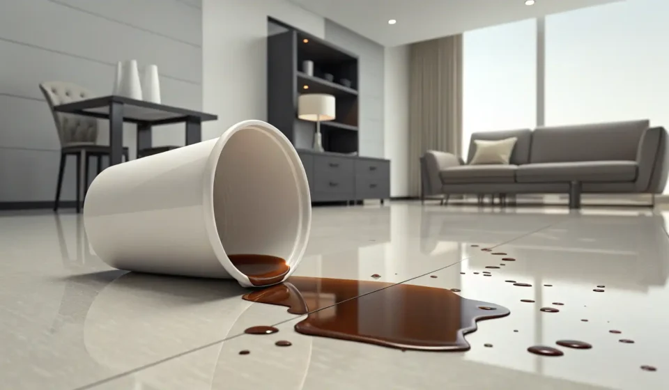 How to Ask a Janitor About a Spilled Drink in Korean A spilled coffee cup lies on its side on a shiny office lounge floor, symbolizing needing to ask for...