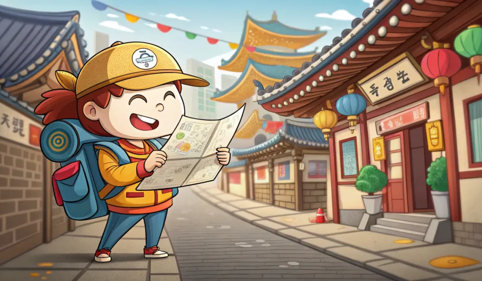 How to Ask for the Location of a Mailbox in Korean Illustration of a person looking for a red Korean mailbox (우체통) on a street in Korea, representing h...