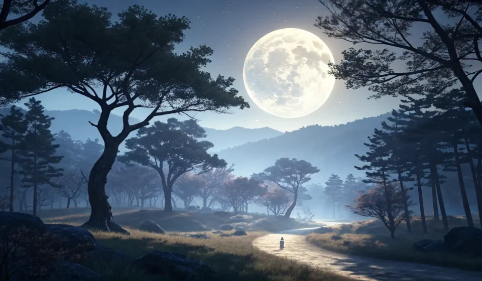 How to Ask About a Full Moon Viewing Spot in Korean A large full moon rises over silhouetted pine trees at night, with a small tent visible, illustratin...