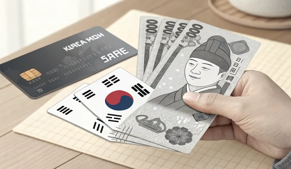How to Ask About Payment Methods in Korean Illustration of a hand holding Korean Won cash and a credit card over a payment terminal, representi...