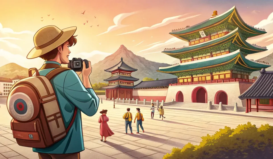 Asking About a Plaza’s History in Korean Illustration of a tourist asking a tour guide a question in a large Korean plaza with historical bui...