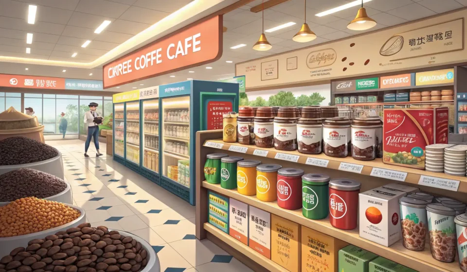 How to Ask About Product Restocks in Korean A person points to an empty shelf space in the coffee aisle of a Korean store, symbolizing asking ab...
