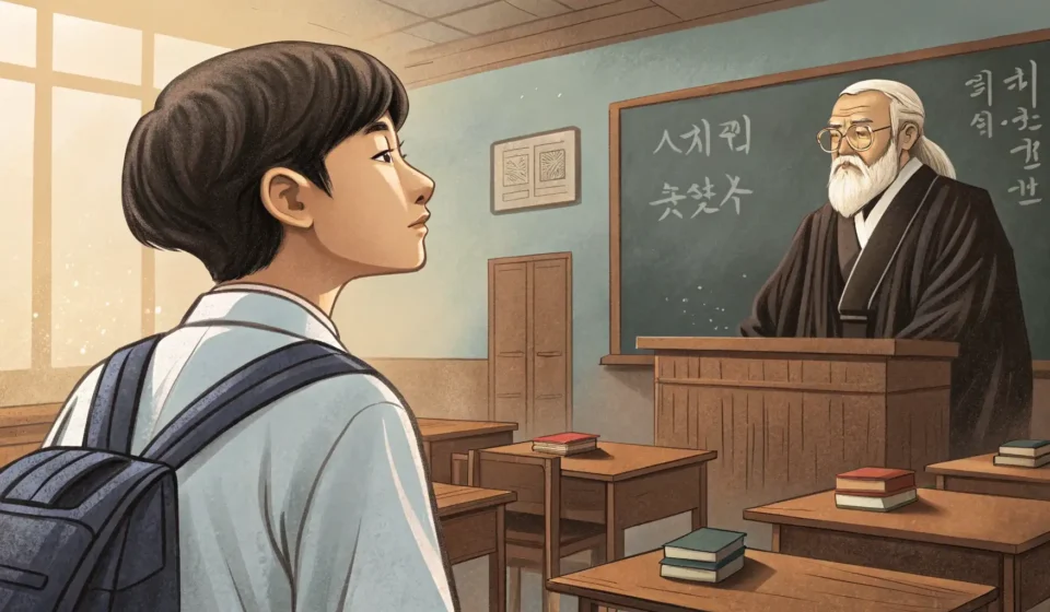 Asking a Professor About an AI Conference in Korean Illustration symbolizing a Korean student politely inquiring about an AI conference with a professor...