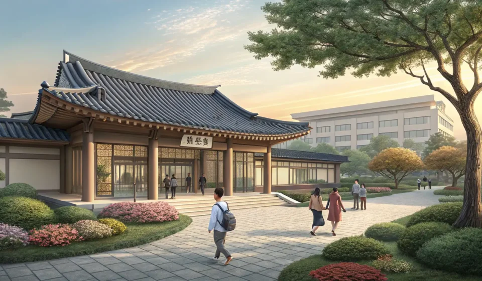 How to Ask a Professor About a Scholarship Deadline in Korean Illustration of a Korean university building entrance, representing the formal academic setting for...