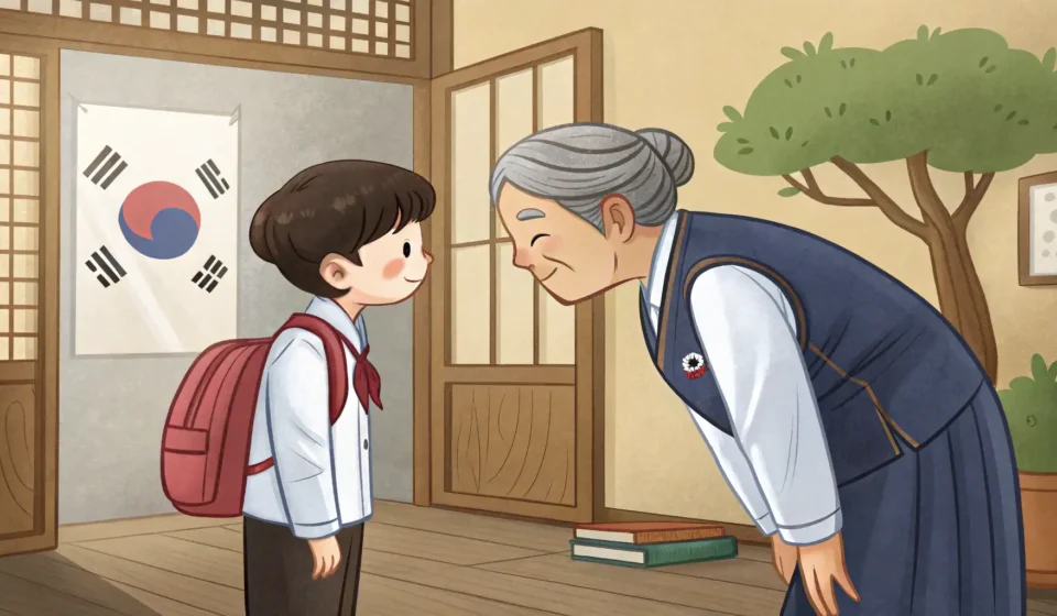 Asking a Professor About a Career Workshop Illustration depicting a Korean student respectfully speaking with a professor in a university hallw...