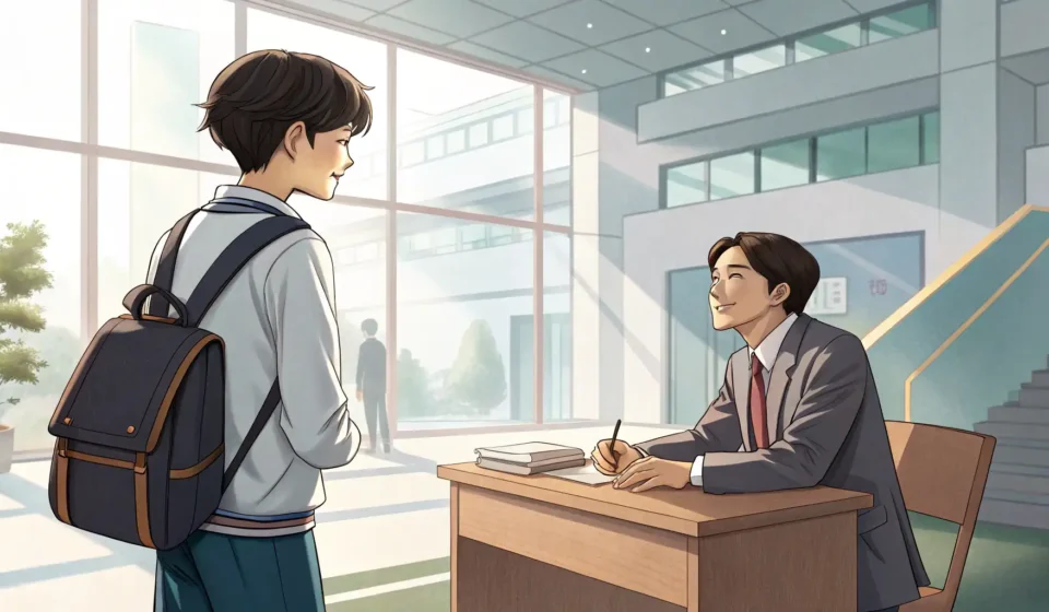 Asking a Professor About a Seminar in Korean Illustration of a Korean student politely speaking with a university professor, representing asking...