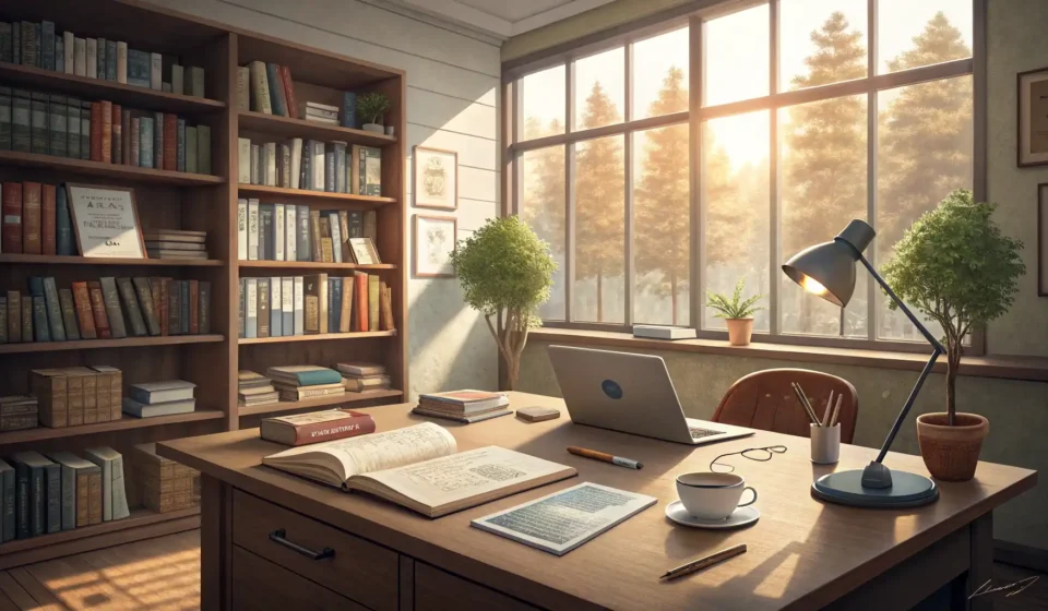 How to Ask a Professor About a Study Group Next Semester in Korean A bright Korean university professor's office setting, representing asking a professor about study g...