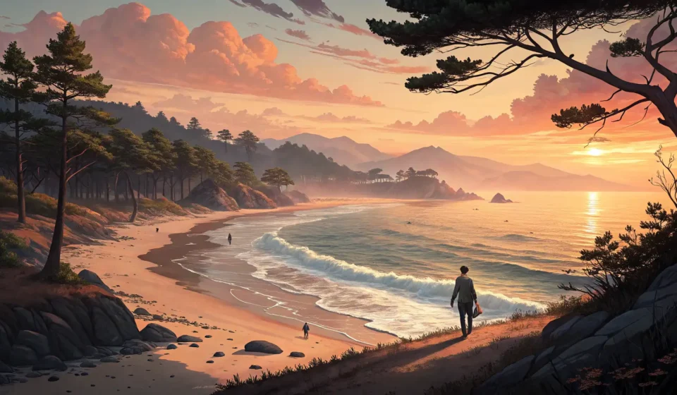 Finding a Quiet Spot to Watch the Tide in Korean Illustration of a peaceful Korean beach at sunset, symbolizing asking for directions to a quiet spot...