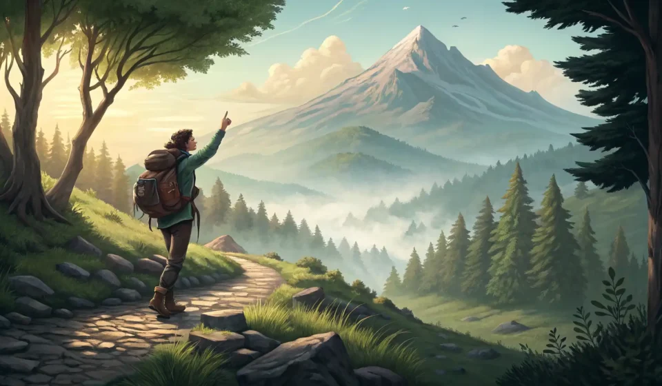 How to Ask for a Quiet Meditation Spot in Korean A hiker asks a camper for directions in a tranquil Korean mountain forest, symbolizing the search fo...