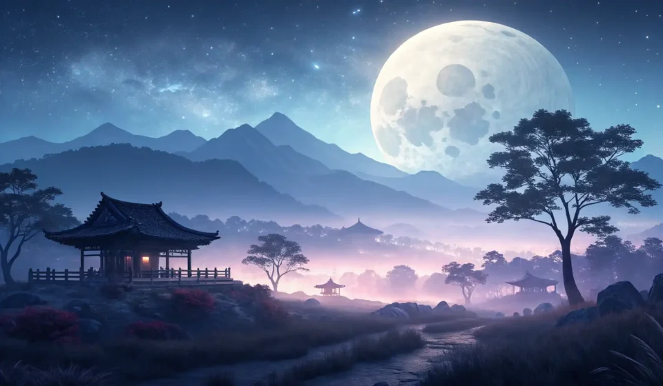 How to Ask for a Quiet Moonrise Viewing Spot in Korean Stylized image of a bright moon rising over a serene Korean landscape, symbolizing finding a quiet s...