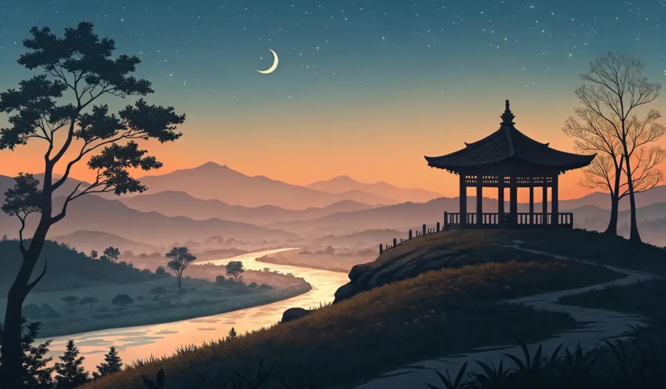 How to Ask for a Quiet Sunset Spot in Korean Silhouette of a traditional Korean pavilion overlooking a peaceful landscape during a vibrant sunset...