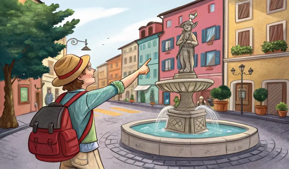 How to Ask About a Quirky Fountain or Statue in Korean Illustration of a tourist asking a local about a quirky fountain statue in a Korean park, representi...