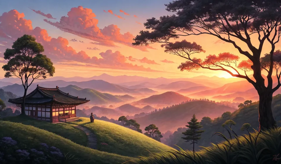 How to Ask a Ranger for a Sunrise Spot in Korean A camper and a park ranger watch a beautiful sunrise over rolling Korean hills, symbolizing learning...