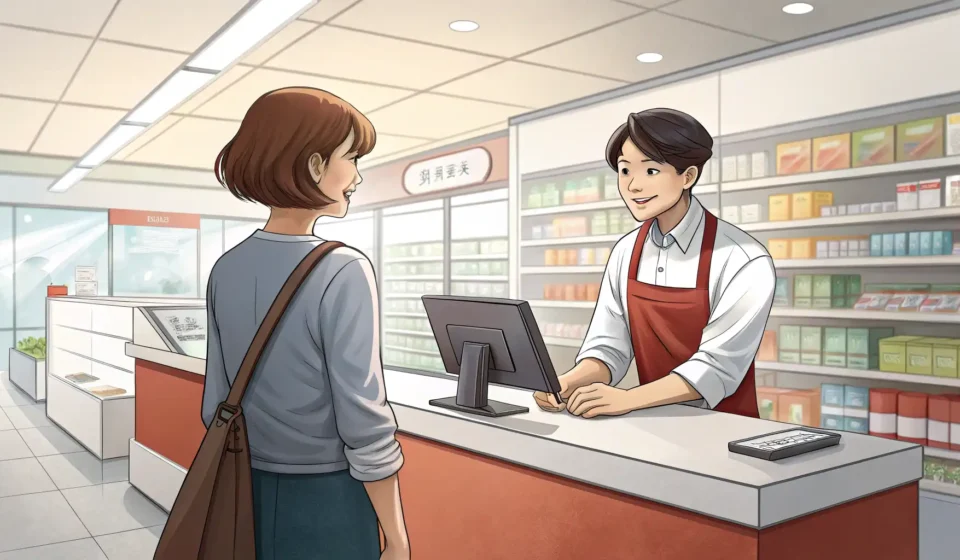 How to Ask for a Refund for a Torn Shirt in Korean Customer handing a folded shirt to a clerk over a counter in a Korean clothing store, illustrating t...