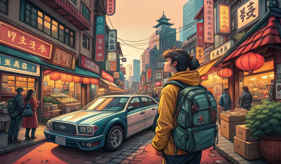 How to Ask About Renting Scooters Downtown in Korean Illustration of a tourist asking a local for directions to rent a scooter on a sunny downtown street...