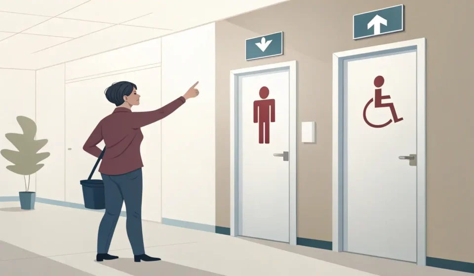 How to Ask About a Sticky Restroom Door in Korean Illustration of a person pointing towards a restroom door in a modern Korean office setting, symboli...