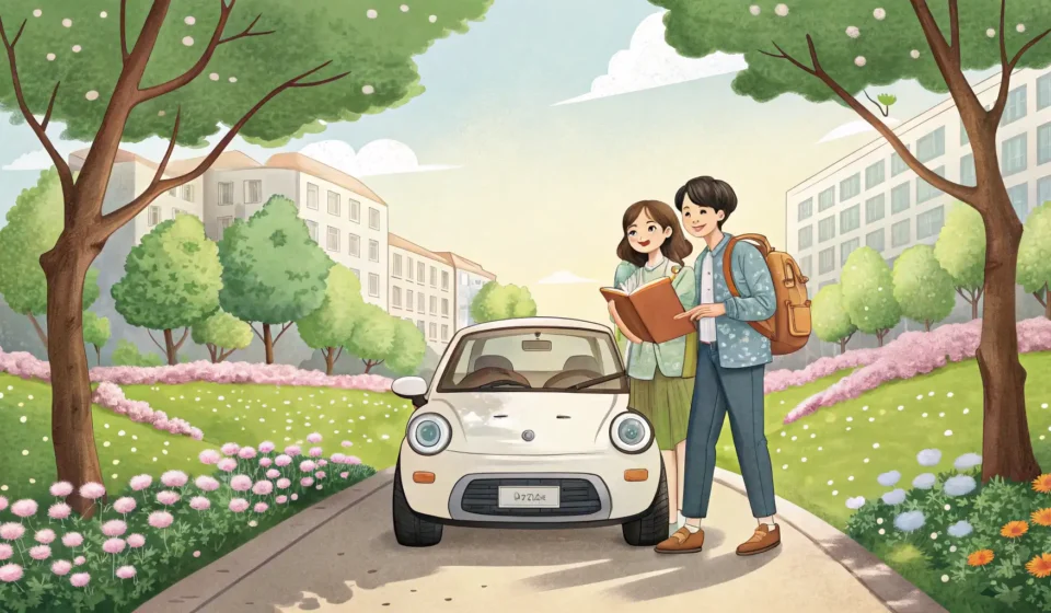 How to Ask for a Ride to Campus in Korean Illustration of two friendly Korean students by a car on a university campus, depicting one student...