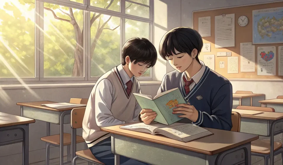 How to Ask for Script Advice in Korean Two Korean students in a classroom setting discussing a script, illustrating how to ask for peer adv...