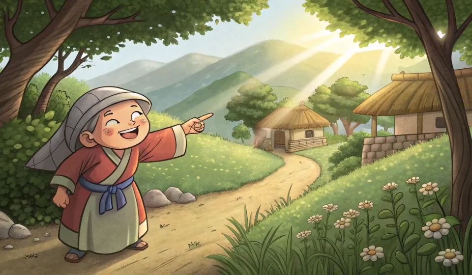How to Ask About a Secret Path to an Old Oak Grove in Korean Illustration depicting a friendly Korean elder pointing towards a hidden path leading into an ancien...