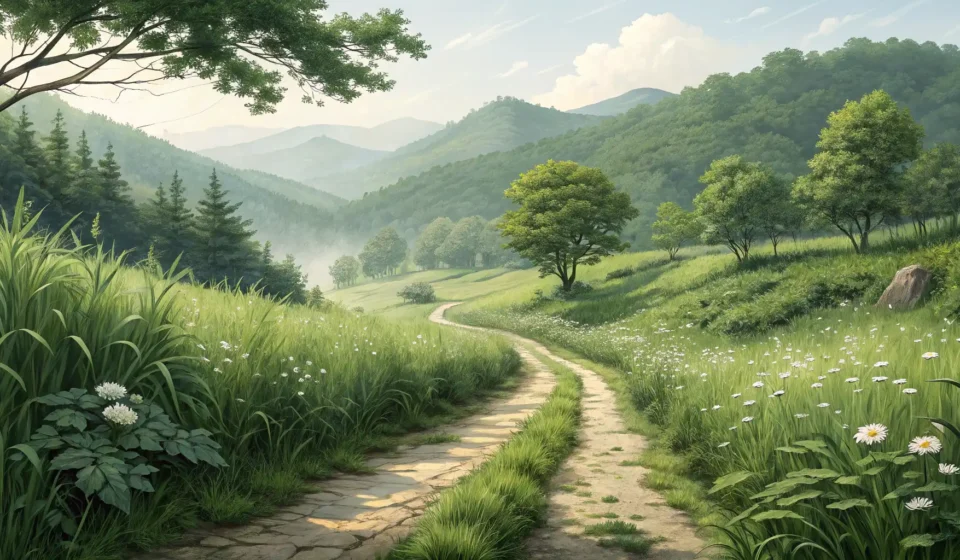 Finding Hidden Paths: Asking Locals About Secret Routes to Old Stone Walls in Korean Illustration of a hidden path through Korean greenery leading to an old stone wall, symbolizing aski...