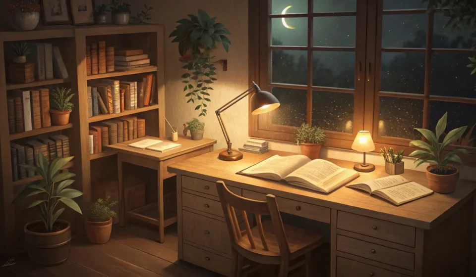 How to Ask a Roommate to Share a Textbook Chapter in Korean Illustration of two adjacent study desks in a cozy room at night, sharing one open textbook, represe...