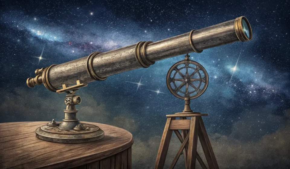 How to Say: A Witch Astronomer Asks a Star Spirit About Misalignment Illustration of an antique telescope viewing a night sky, focusing on one erratically blinking star,...