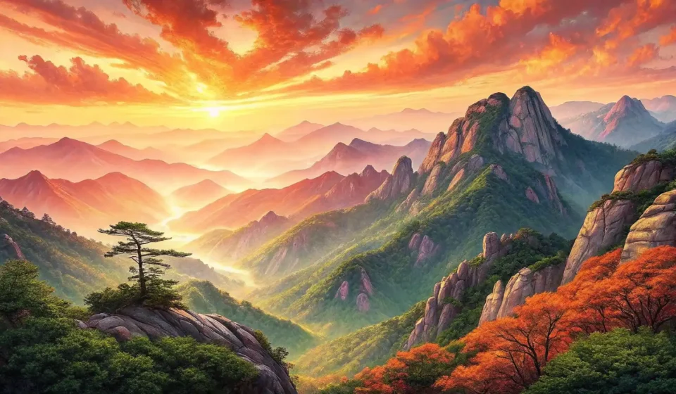 How to Ask About Sunrise Hiking Trails in Korean Stylized illustration of a beautiful sunrise over Korean mountains with a visible hiking trail, repr...