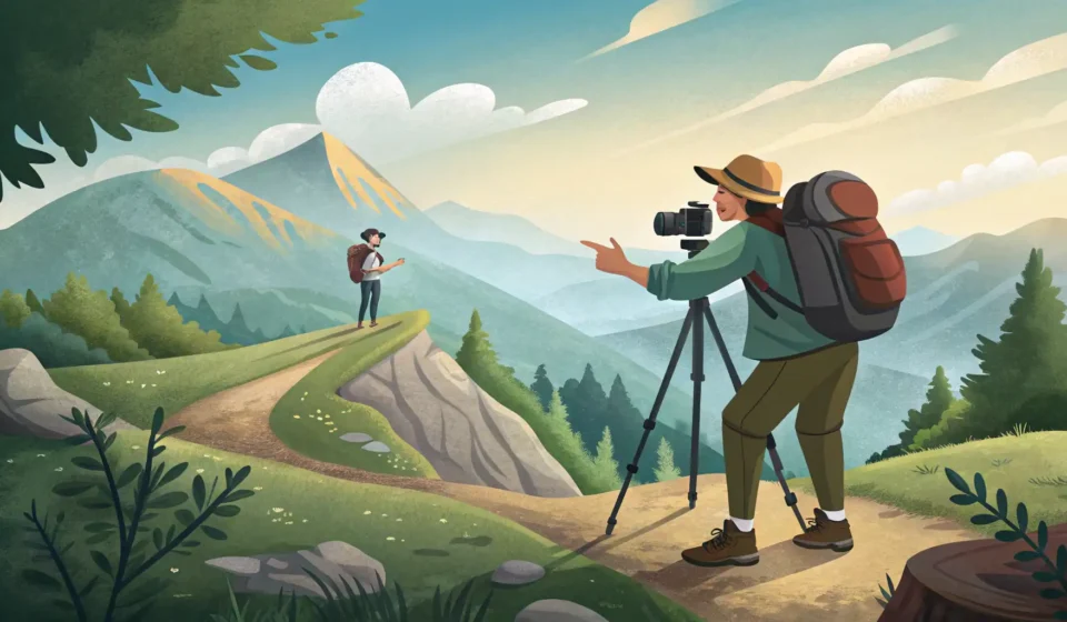 Asking for the Best Sunrise Shot Angle in Korean A hiker asks a photographer for advice on capturing the sunrise from a Korean mountain peak, with ca...