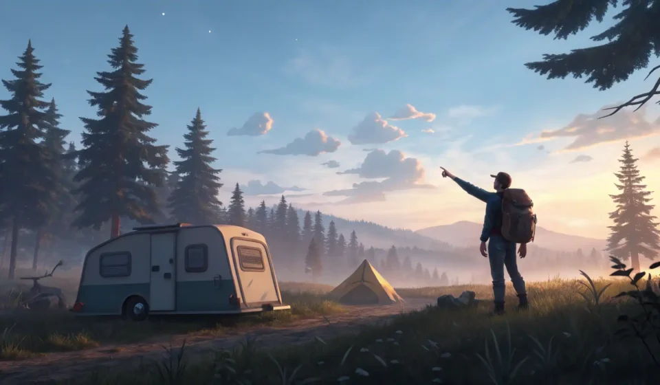 How to Ask About Sunrise Spots Over a Ridge in Korean A camper asks a hiker for directions on a mountain path at dawn, pointing towards a beautiful sunris...